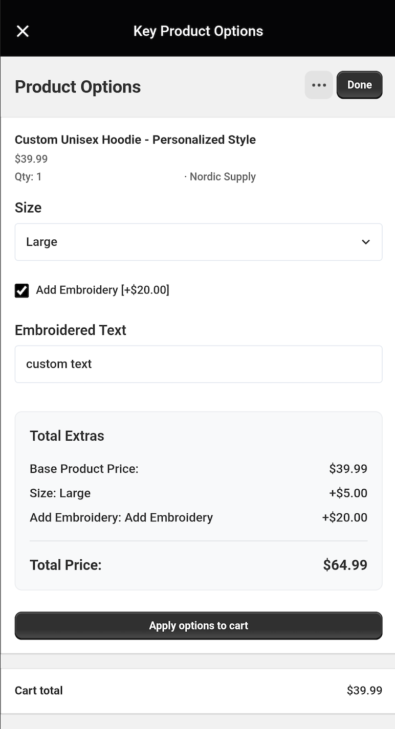 Selected Options and Price Breakdown