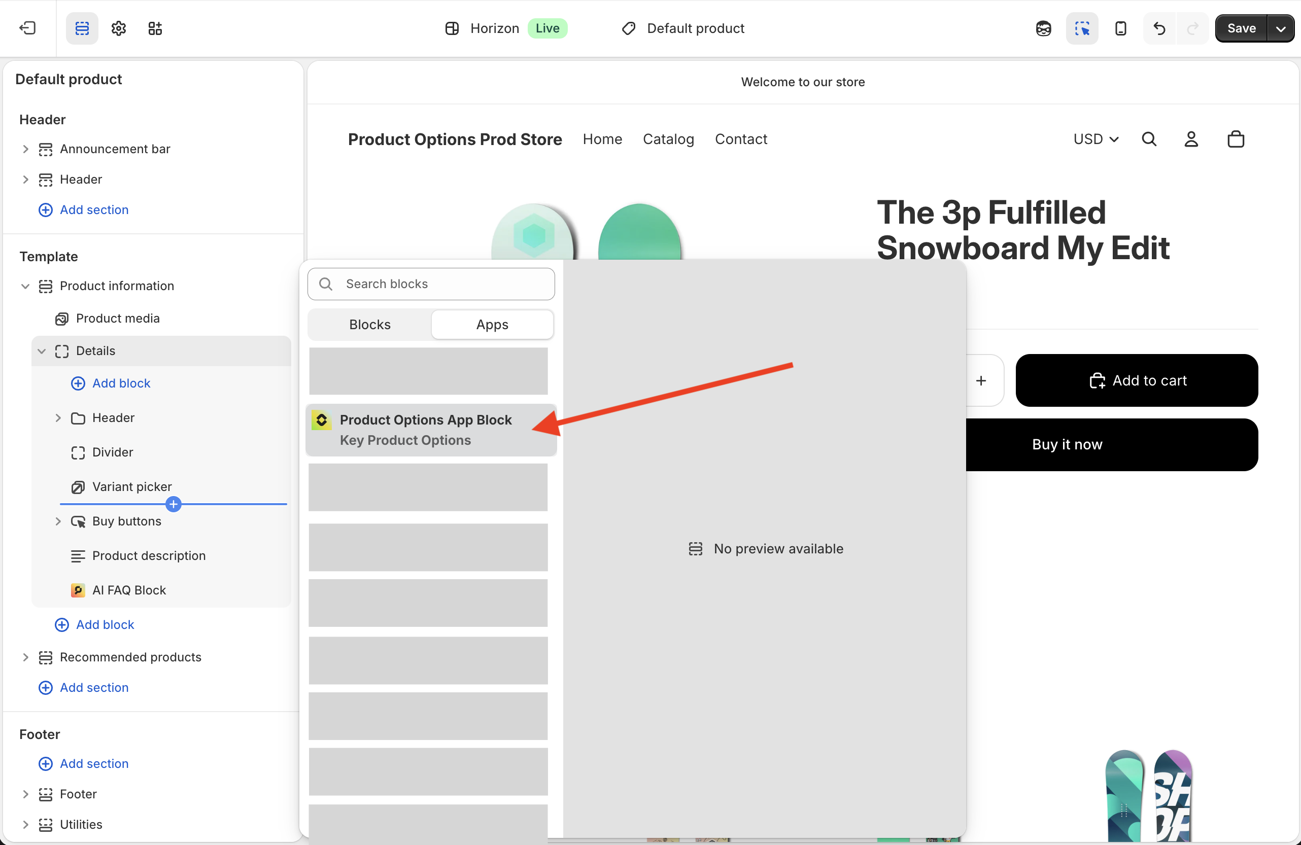 Add the Product Options App Block