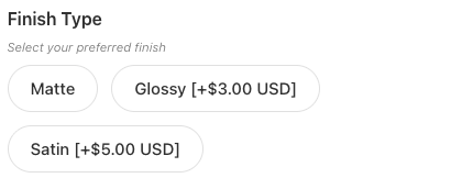 Finish Type options showing prices as +$3.00 USD and +$5.00 USD