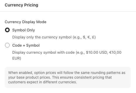 Currency Pricing settings showing Symbol Only and Code + Symbol options