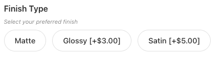 Finish Type options showing prices as +$3.00 and +$5.00