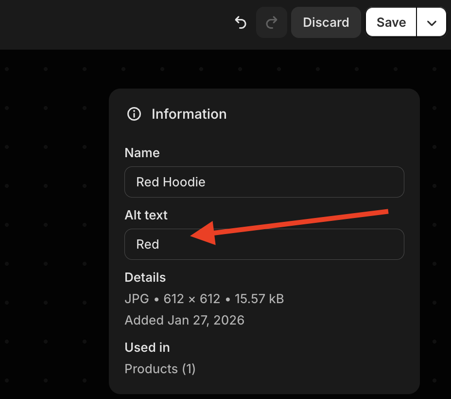 Shopify product image edit panel showing the Alt text field set to "Red" for a "Red Hoodie" image
