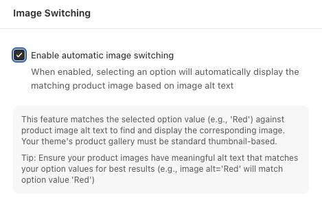Image Switching setting with "Enable automatic image switching" checkbox enabled, alongside an explanation that the feature matches selected option values against product image alt text