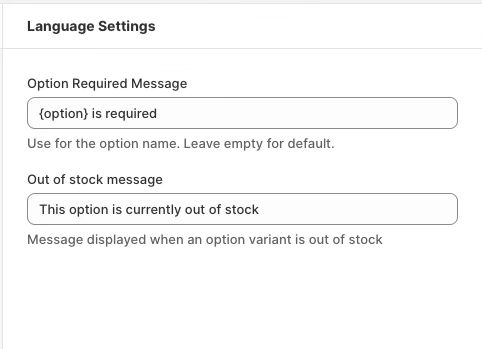 Language Settings panel with Option Required Message and Out of stock message fields