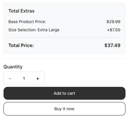 Live preview with a Total Extras breakdown: Base Product Price $29.99, Size Selection: Extra Large +$7.50, Total Price $37.49