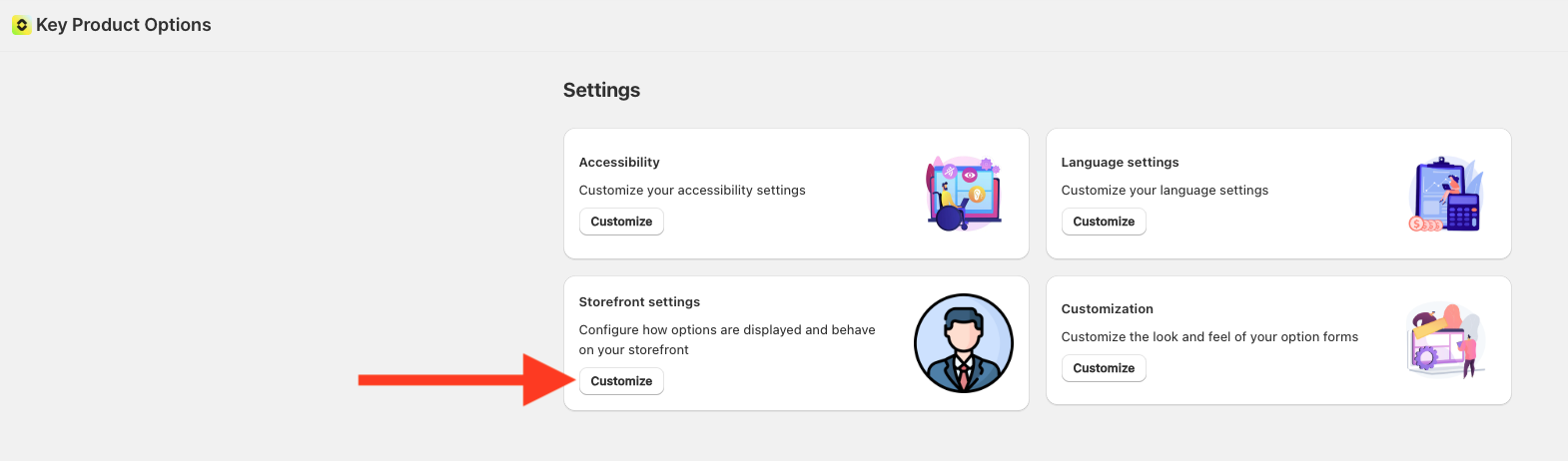 App Settings page with an arrow pointing at the Customize button on the Storefront settings card