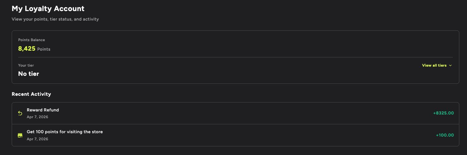 Account Data Block showing points balance, tier status and recent activity feed
