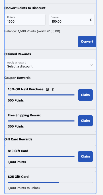 Checkout UI Extension showing Convert Points to Discount, Claimed Rewards, Coupon Rewards and Gift Card Rewards sections in the Shopify checkout sidebar