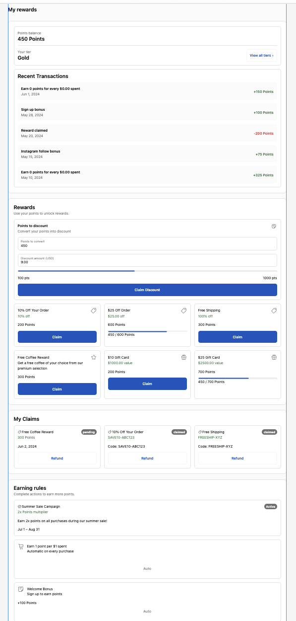 Full Customer Account UI Extension view showing rewards, points balance, recent transactions, claimed rewards and earning rules in a single dashboard