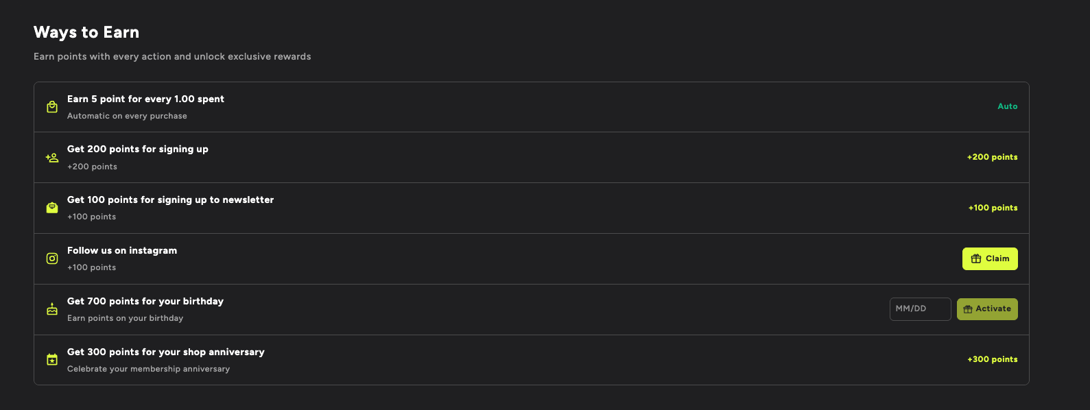 Earning Rules Block showing Ways to Earn with purchase rule, signup bonus, newsletter, social follow, birthday and anniversary entries