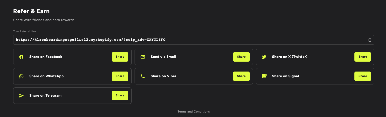 Referral Sharing Block with unique referral link and social share buttons for Facebook, Email, X, WhatsApp, Viber, Signal and Telegram