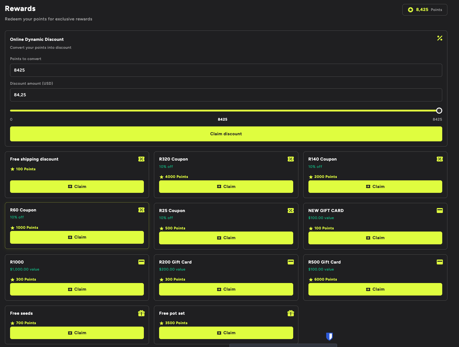Rewards Block with dynamic discount slider, coupon rewards, gift cards, and custom rewards displayed in a grid